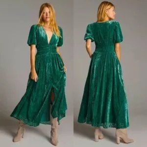 NEW Anthropologie Puff-Sleeved Burnout Velvet Maxi Dress Size 12